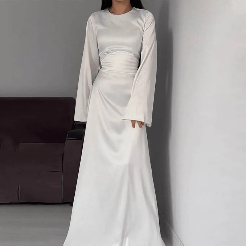 Crew Neck Maxi Dress with A-Line Skirt and Bell Sleeves