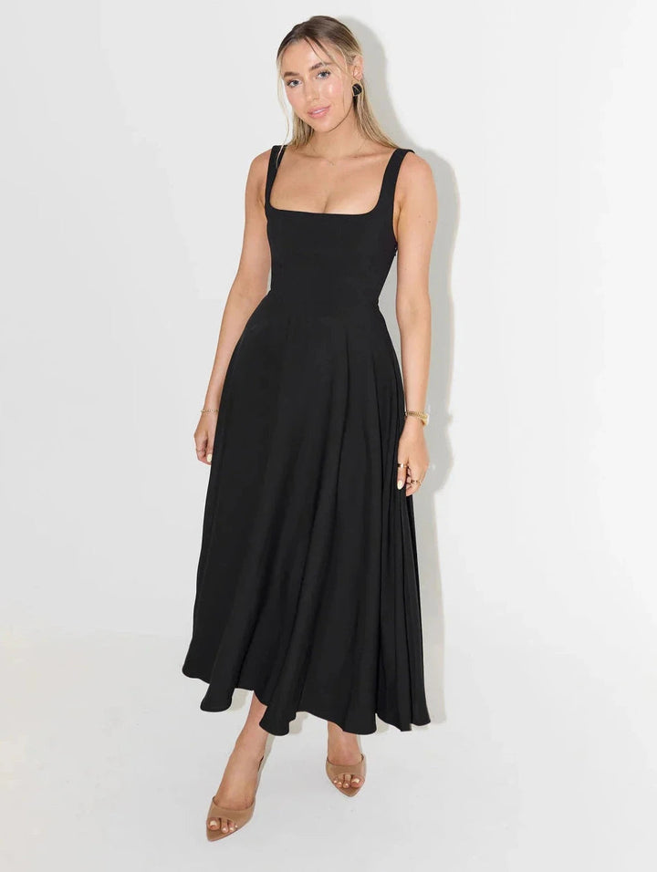 Sleeveless Midi Dress with Square Neckline and Flared Skirt