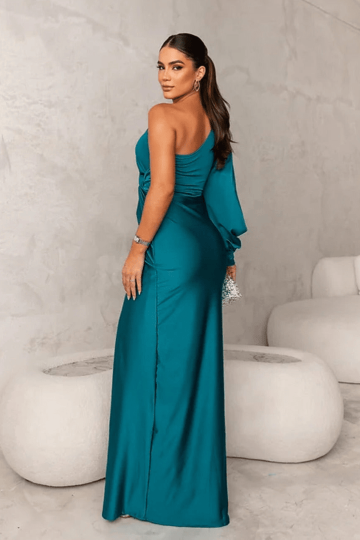 One Shoulder Maxi Dress with High Slit and Ruched Bodice