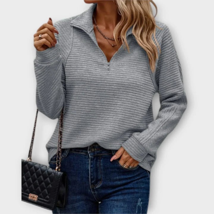 Ribbed Texture Top with Half-Zip Closure and Collar