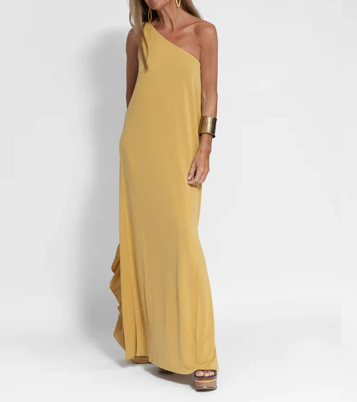 One-Shoulder Maxi Dress with Straight Silhouette and Side Slit