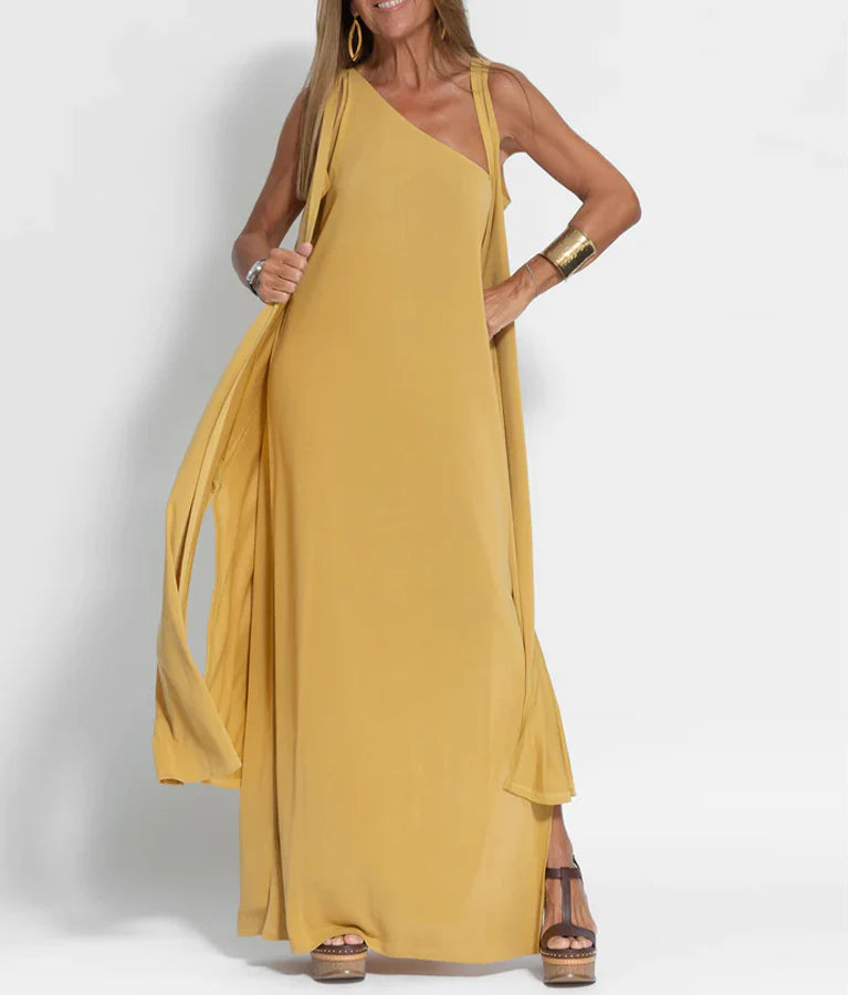 One-Shoulder Maxi Dress with Straight Silhouette and Side Slit