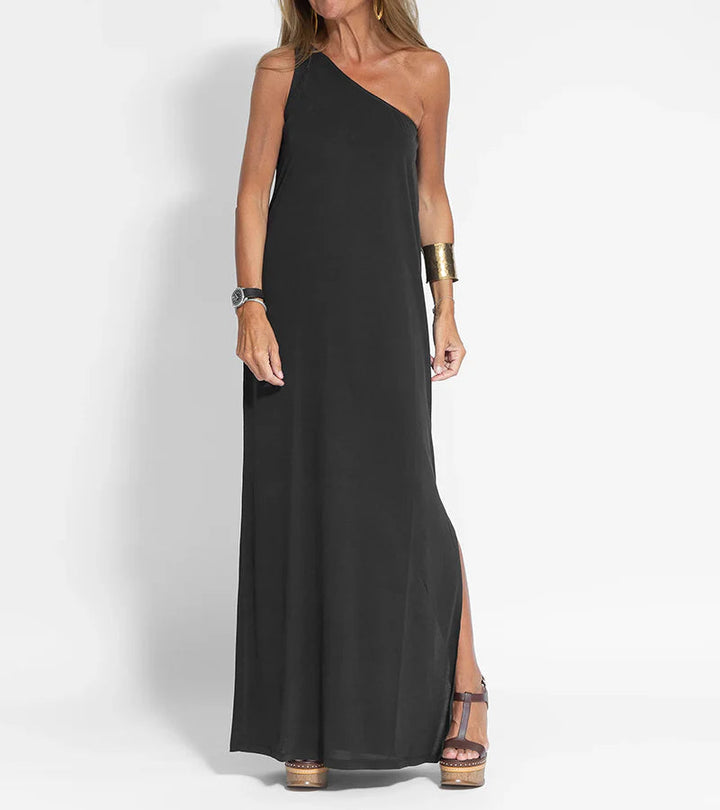 One-Shoulder Maxi Dress with Straight Silhouette and Side Slit