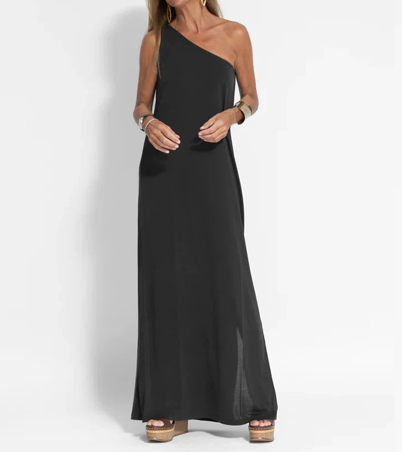 One-Shoulder Maxi Dress with Straight Silhouette and Side Slit