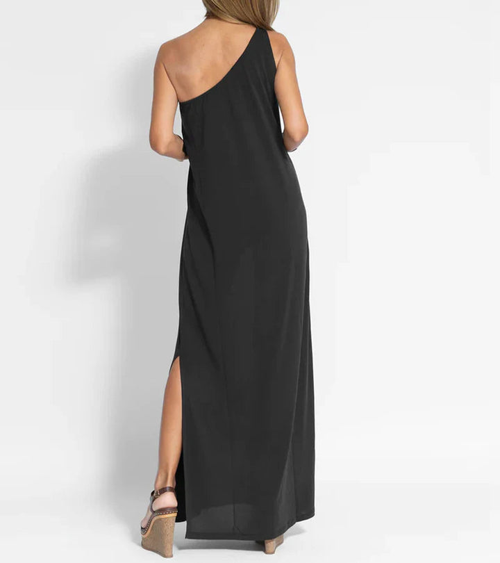 One-Shoulder Maxi Dress with Straight Silhouette and Side Slit
