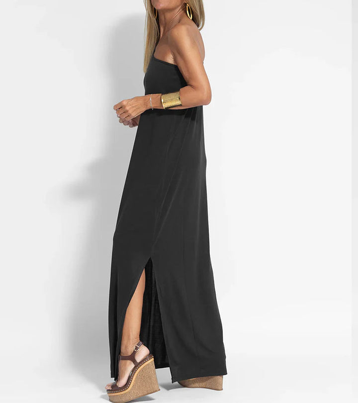 One-Shoulder Maxi Dress with Straight Silhouette and Side Slit