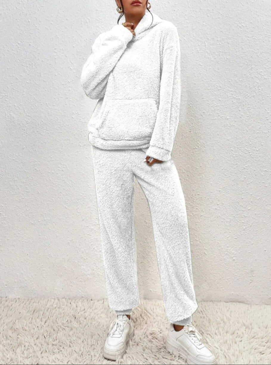 Fleece Hooded Top and Trousers Set with Kangaroo Pocket and Elasticated Finishes