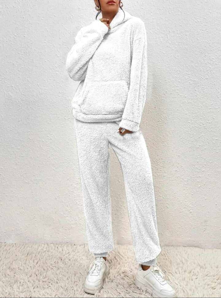 Fleece Hooded Top and Trousers Set with Kangaroo Pocket and Elasticated Finishes