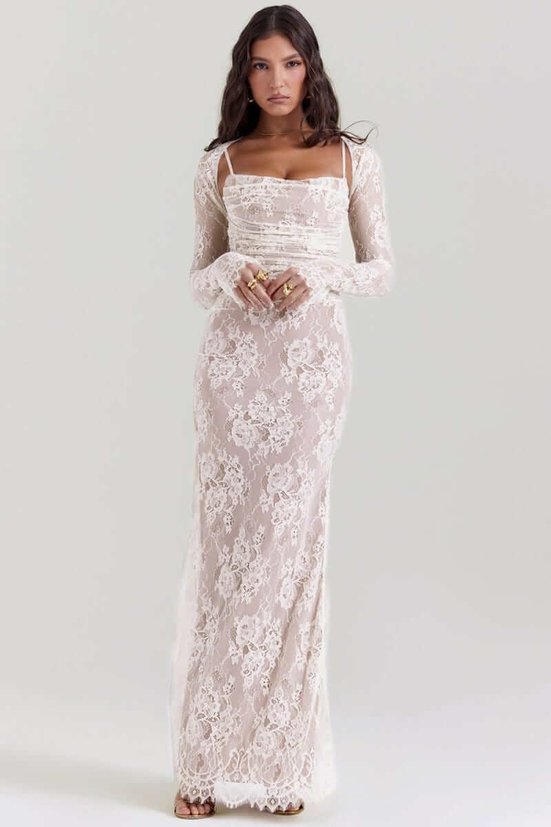 Maxi Dress with Long Sleeve Bolero and Lace-Up Back Closure