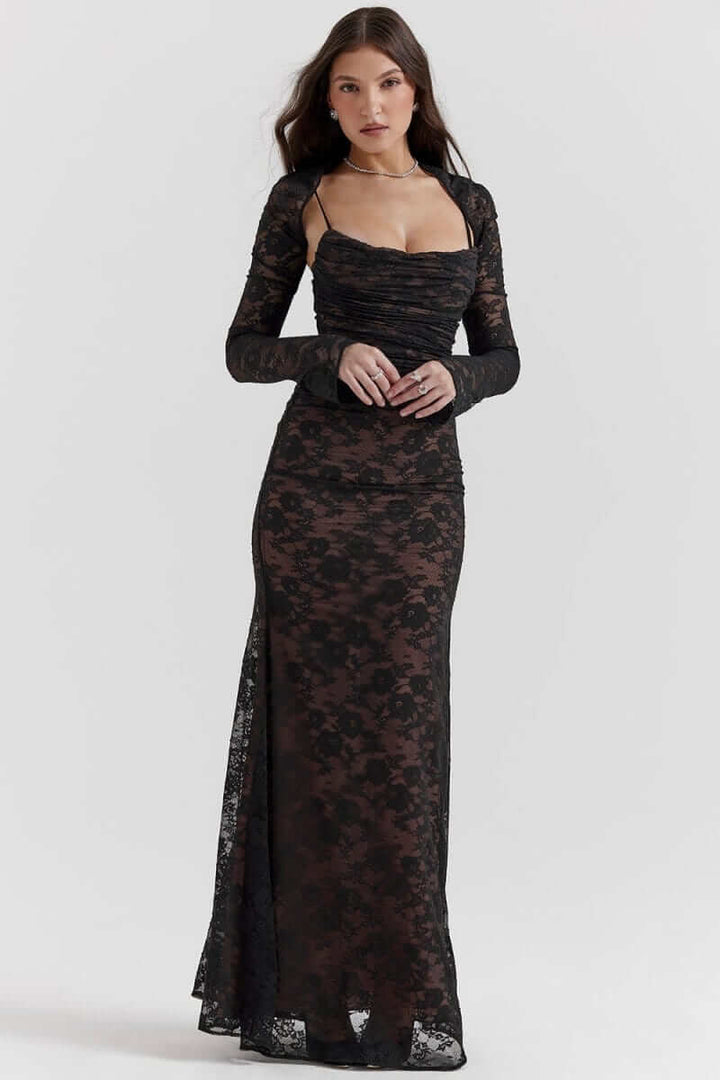 Maxi Dress with Long Sleeve Bolero and Lace-Up Back Closure