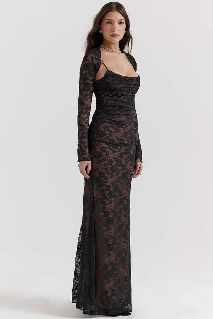 Maxi Dress with Long Sleeve Bolero and Lace-Up Back Closure