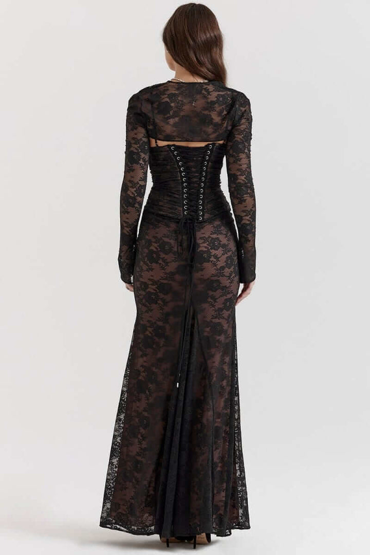 Maxi Dress with Long Sleeve Bolero and Lace-Up Back Closure