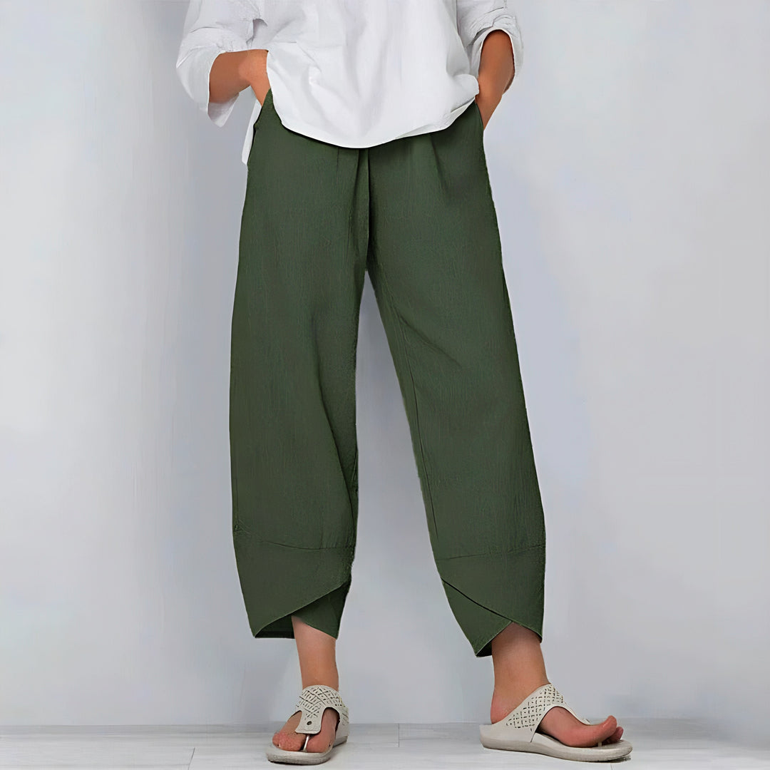 Cropped Trousers with Elastic Waist and Asymmetrical Hem