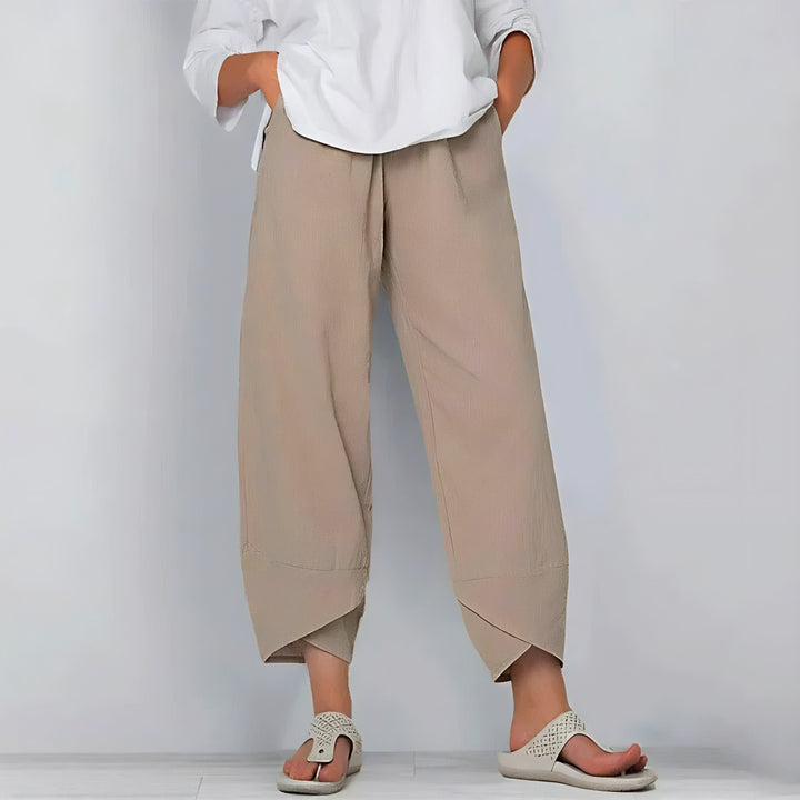 Cropped Trousers with Elastic Waist and Asymmetrical Hem