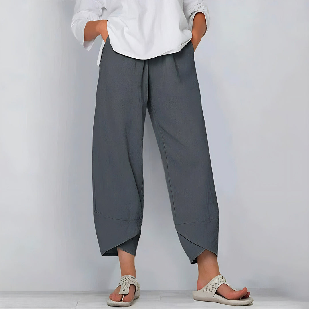 Cropped Trousers with Elastic Waist and Asymmetrical Hem