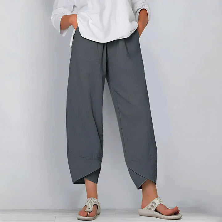 Cropped Trousers with Elastic Waist and Asymmetrical Hem