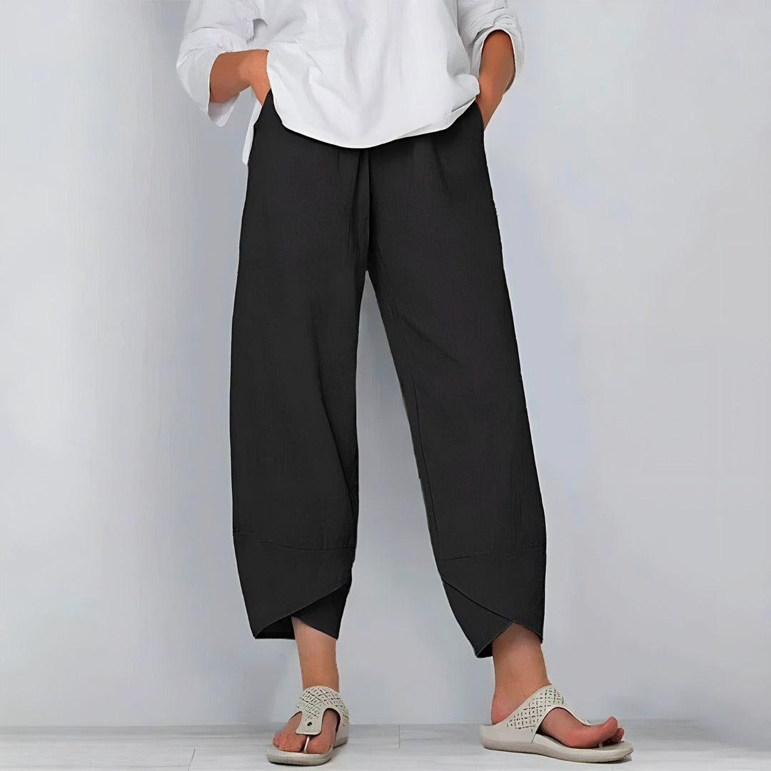 Cropped Trousers with Elastic Waist and Asymmetrical Hem
