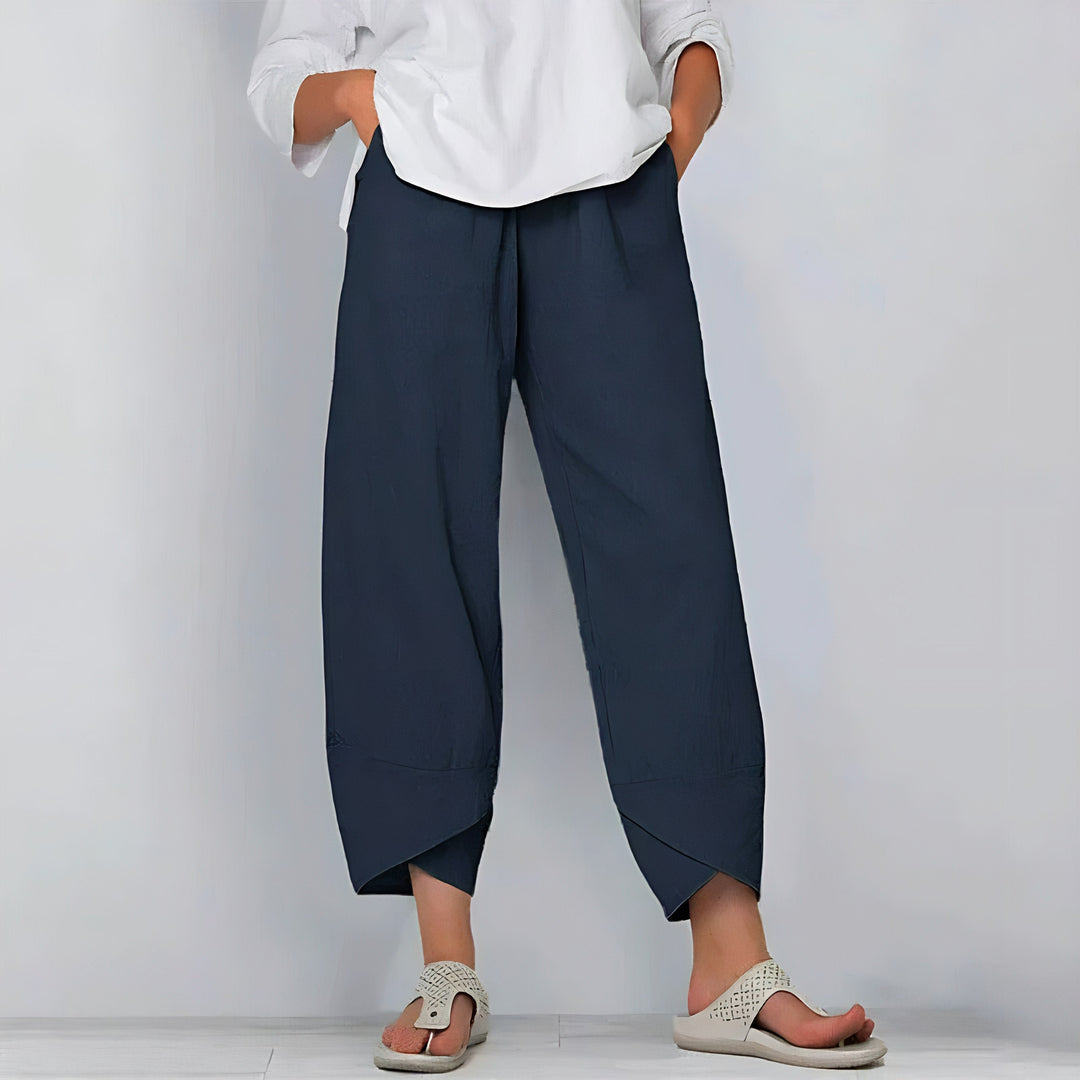 Cropped Trousers with Elastic Waist and Asymmetrical Hem