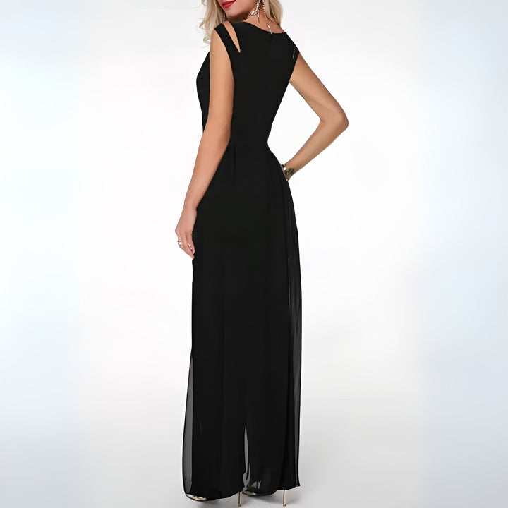 Round-Neck Jumpsuit with Cutout Shoulders and Maxi Overlay Skirt