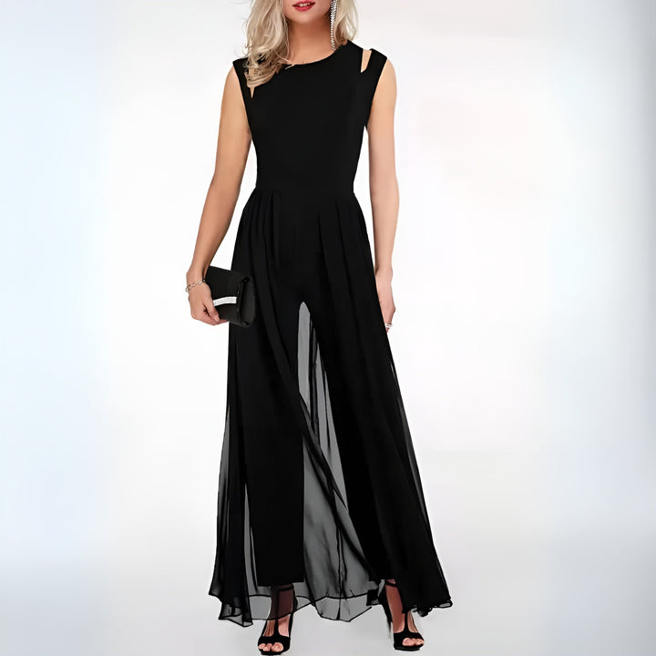 Round-Neck Jumpsuit with Cutout Shoulders and Maxi Overlay Skirt