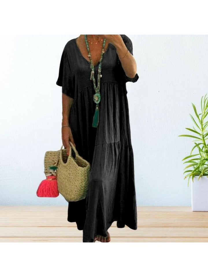 V-Neck Tiered Boho Dress with Short Sleeves