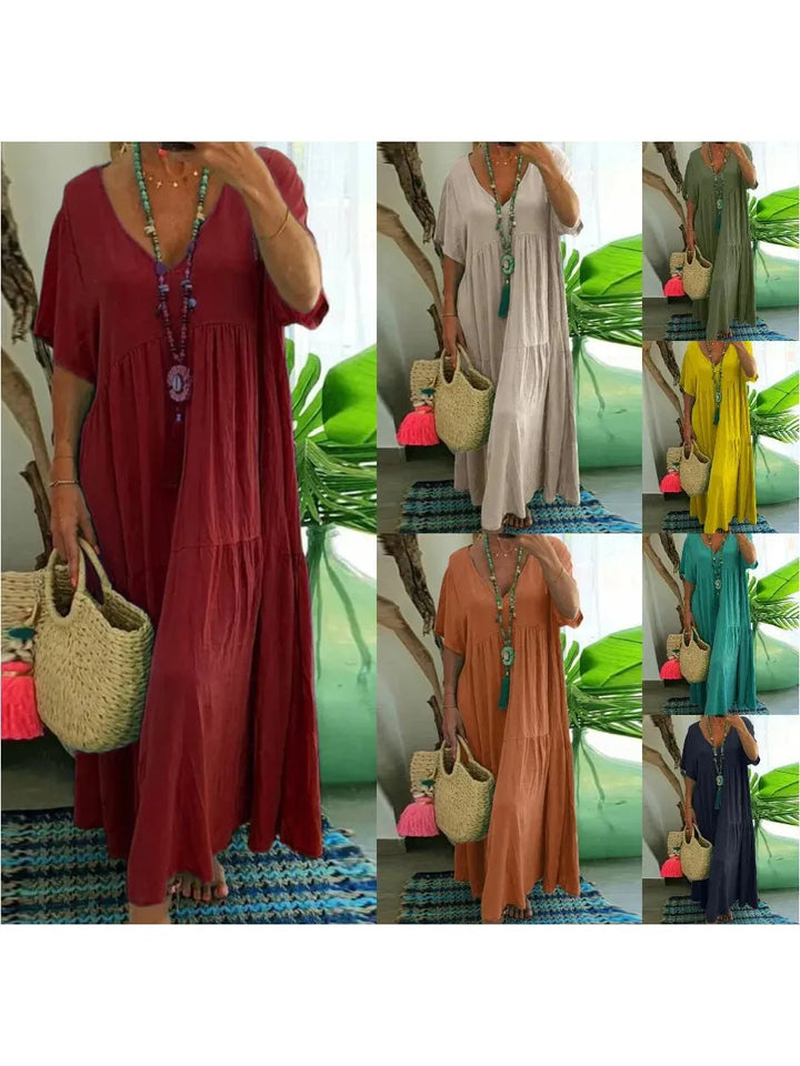 V-Neck Tiered Boho Dress with Short Sleeves