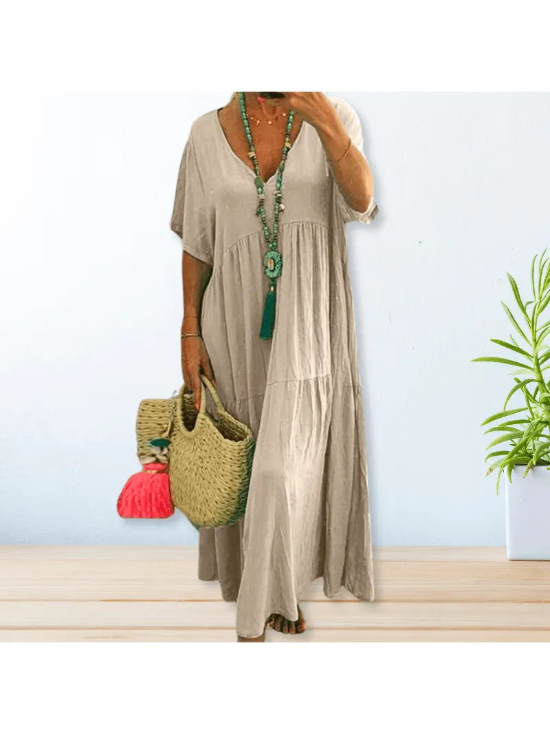 V-Neck Tiered Boho Dress with Short Sleeves
