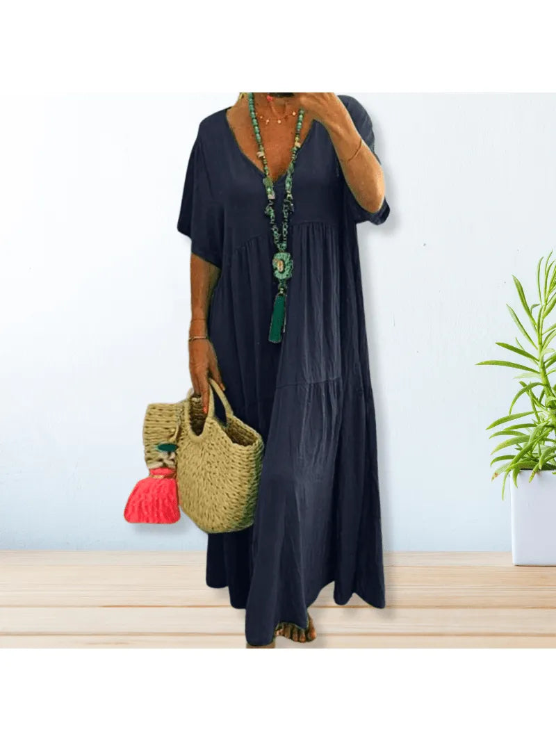 V-Neck Tiered Boho Dress with Short Sleeves
