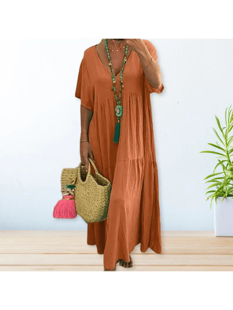 V-Neck Tiered Boho Dress with Short Sleeves