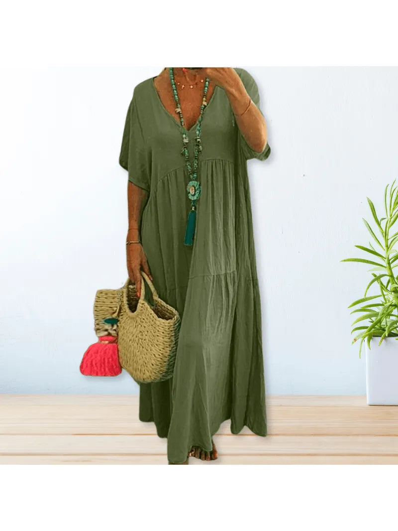 V-Neck Tiered Boho Dress with Short Sleeves