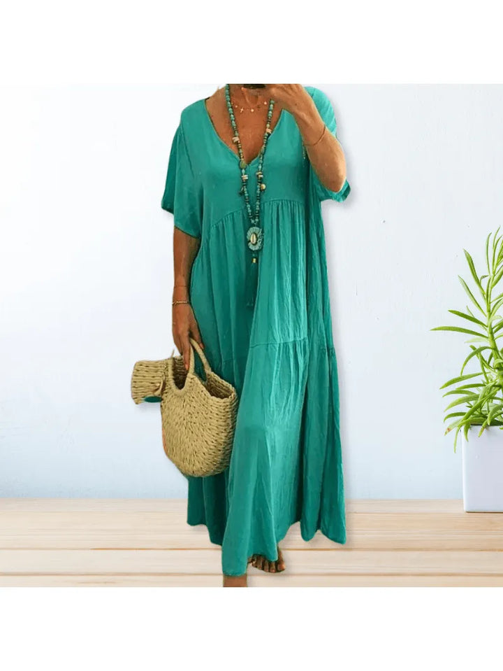 V-Neck Tiered Boho Dress with Short Sleeves