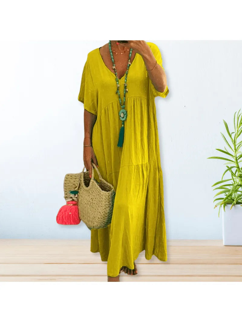 V-Neck Tiered Boho Dress with Short Sleeves