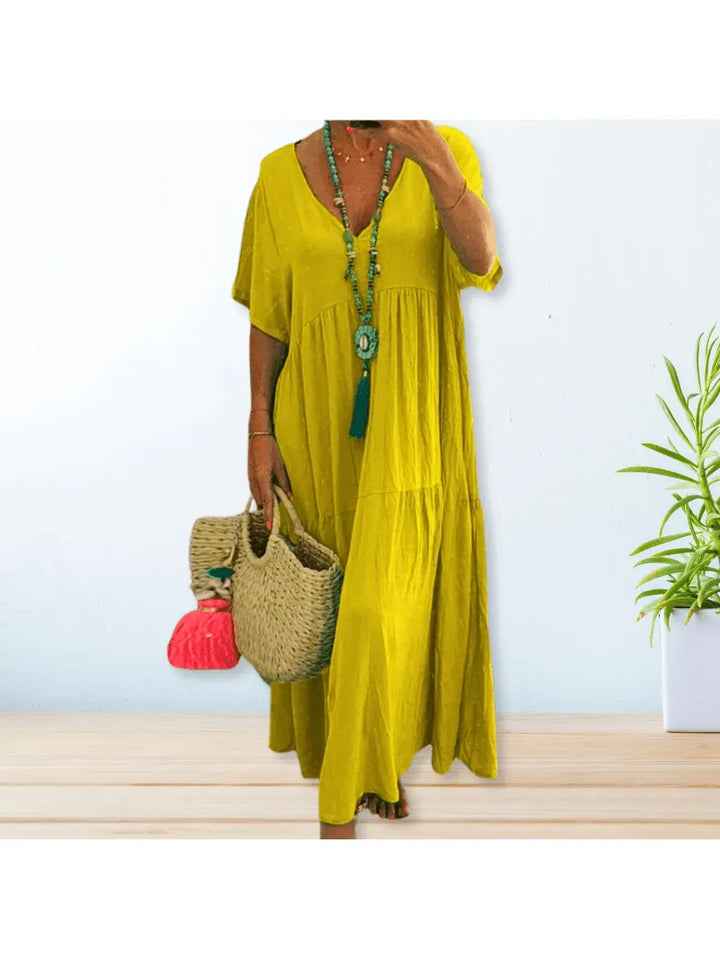 V-Neck Tiered Boho Dress with Short Sleeves