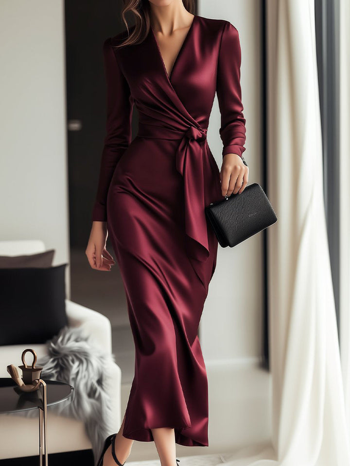 V-Neck Long Sleeve Tie Waist Satin Midi Dress