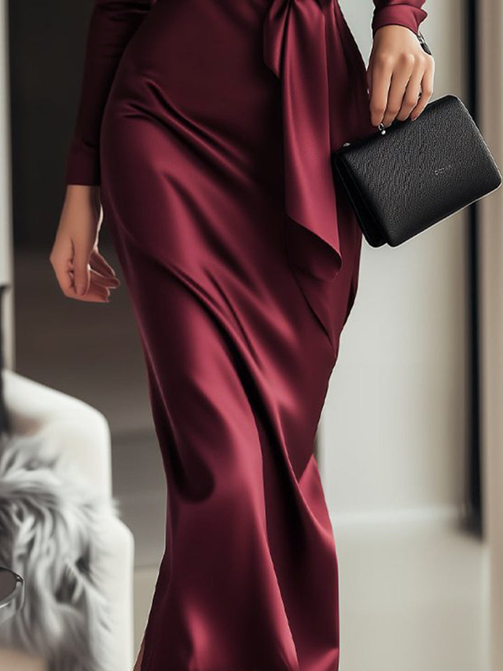 V-Neck Long Sleeve Tie Waist Satin Midi Dress