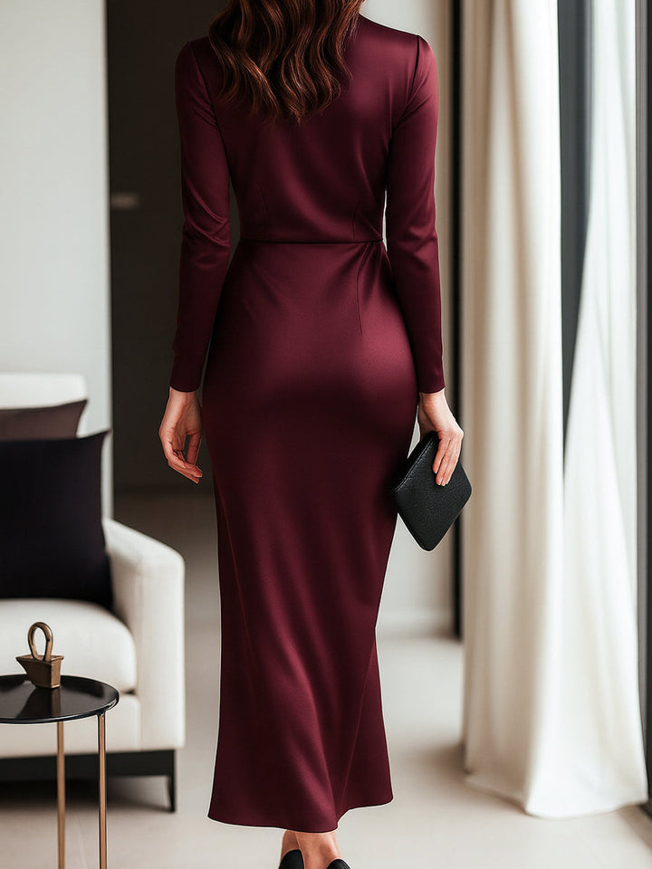 V-Neck Long Sleeve Tie Waist Satin Midi Dress