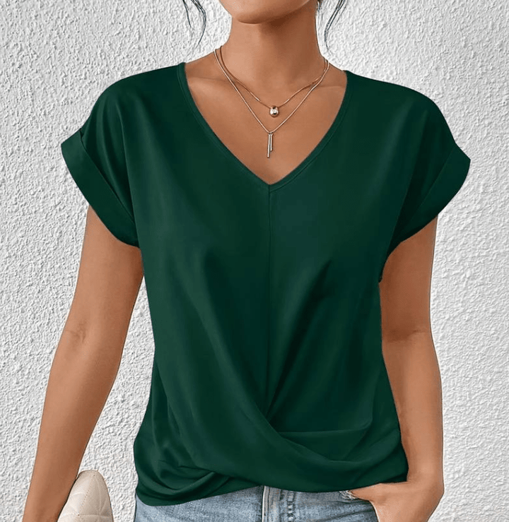Twist Front Top with V-Neckline and Cuffed Short Sleeves