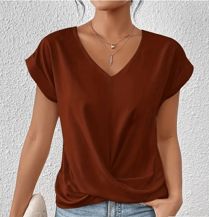 Twist Front Top with V-Neckline and Cuffed Short Sleeves