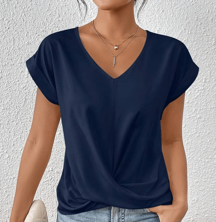 Twist Front Top with V-Neckline and Cuffed Short Sleeves