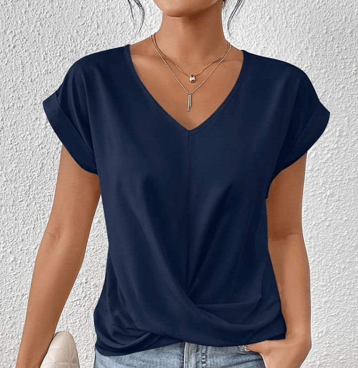 Twist Front Top with V-Neckline and Cuffed Short Sleeves