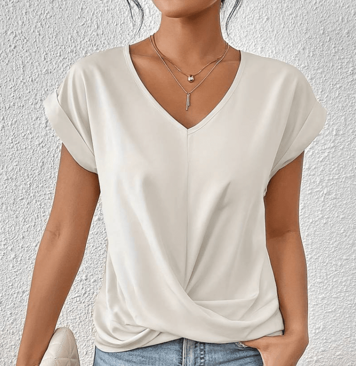 Twist Front Top with V-Neckline and Cuffed Short Sleeves