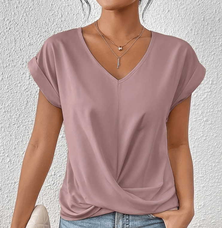 Twist Front Top with V-Neckline and Cuffed Short Sleeves