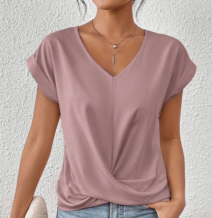 Twist Front Top with V-Neckline and Cuffed Short Sleeves