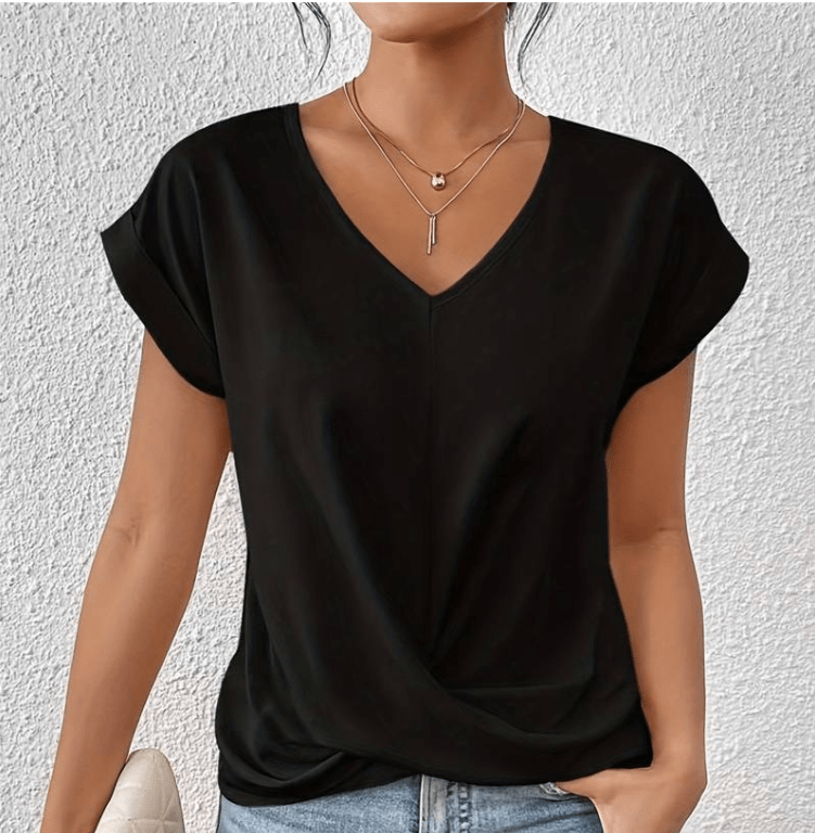 Twist Front Top with V-Neckline and Cuffed Short Sleeves