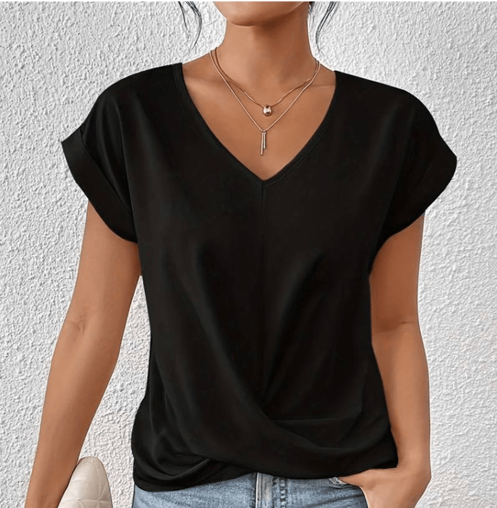 Twist Front Top with V-Neckline and Cuffed Short Sleeves