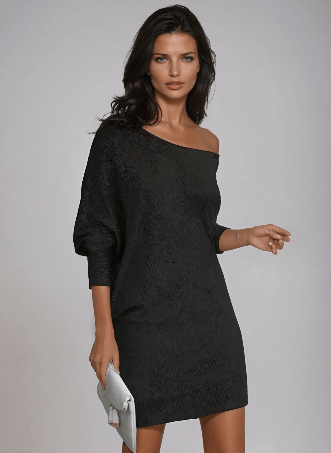 One-Shoulder Sequin Mini Dress with Batwing Sleeves and Fitted Skirt