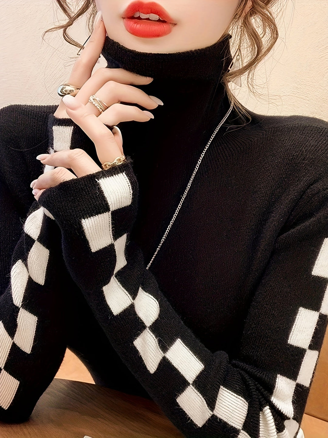 Fitted Turtleneck Top with Long Sleeves and Contrast Pattern Details