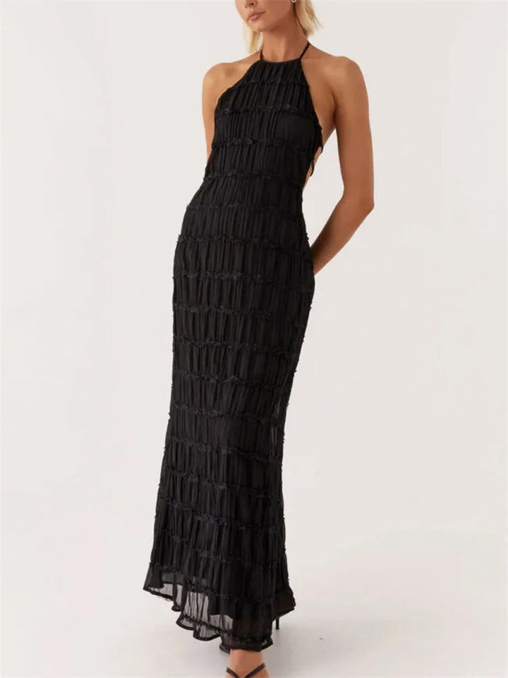 Crinkled Halter Maxi Dress with Open Back and Back Tie Closure