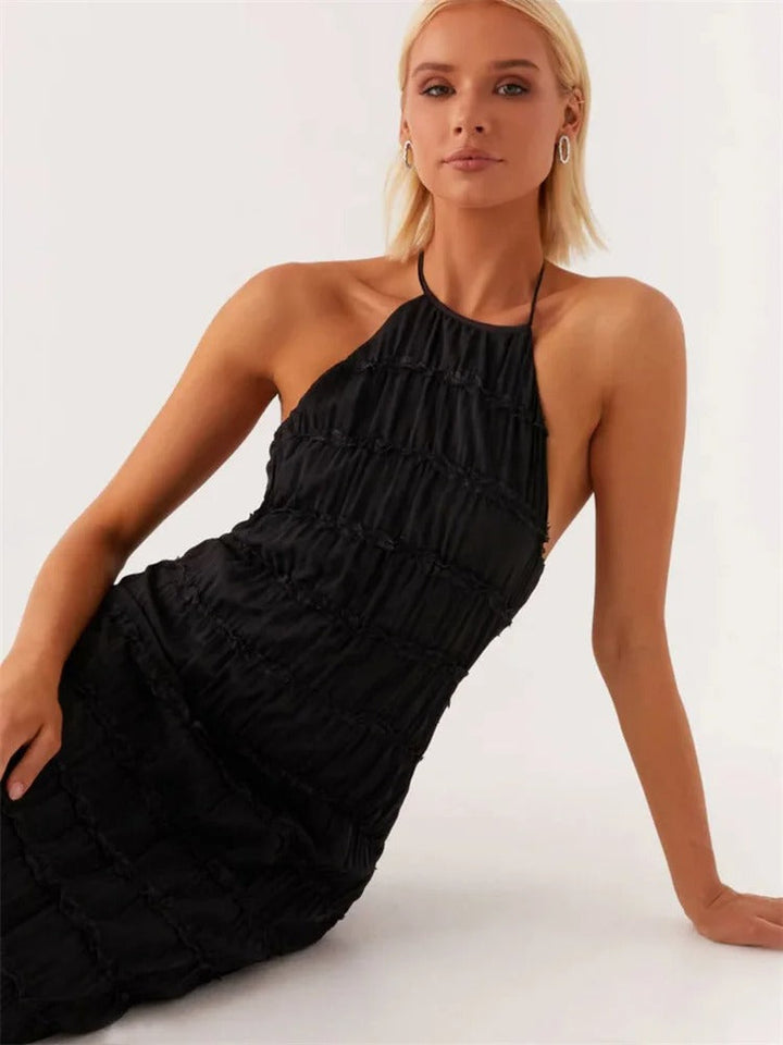 Crinkled Halter Maxi Dress with Open Back and Back Tie Closure