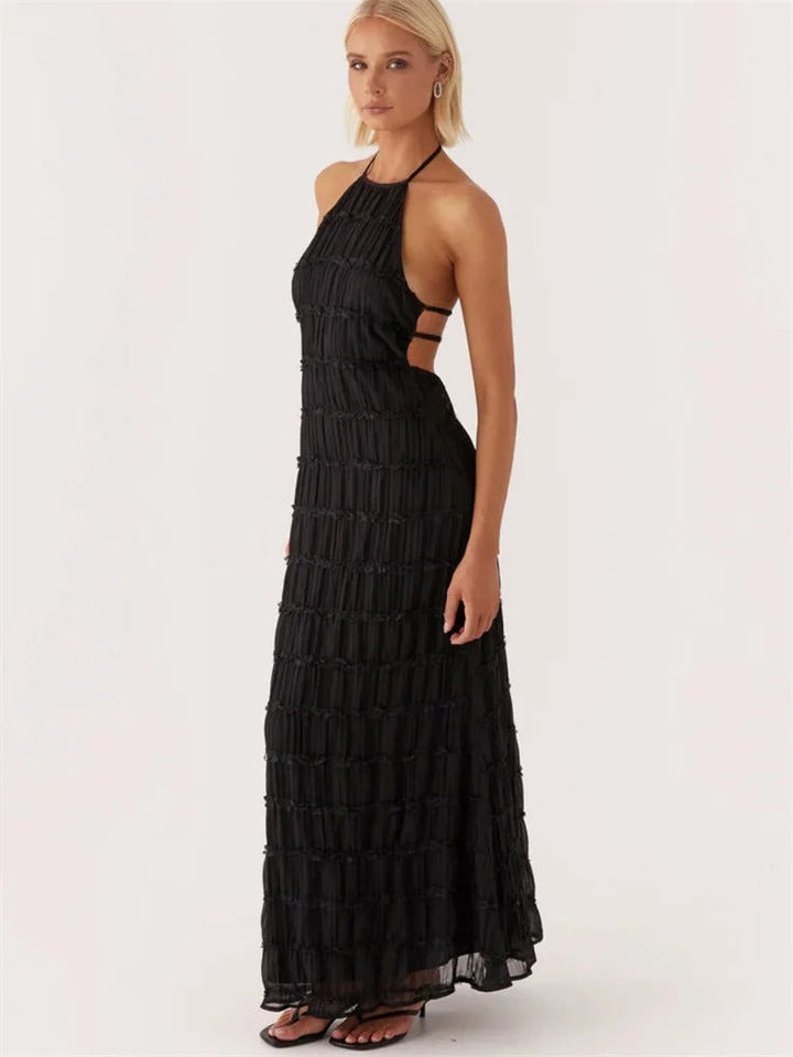 Crinkled Halter Maxi Dress with Open Back and Back Tie Closure